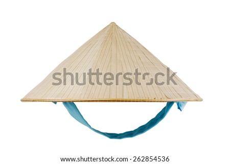 Vietnamese conical hat with blue ribbon isolated on white, studio shot