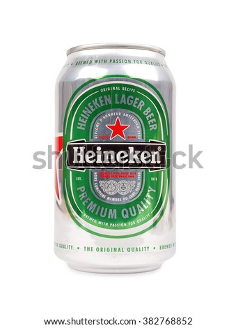 PULA, CROATIA - FEBRUARY 27, 2016: Heineken Beer on white background with clipping path. Heineken is a brand of lager beer brewed in Holland.