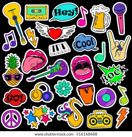 90s vector sticker Stickers Music Stock Set Icons Fun Vector Colorful