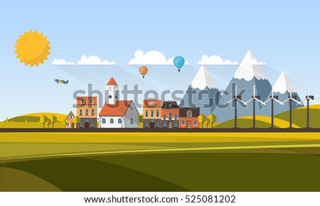 Flat Design Village Abstract Landscape. Vector Illustration.