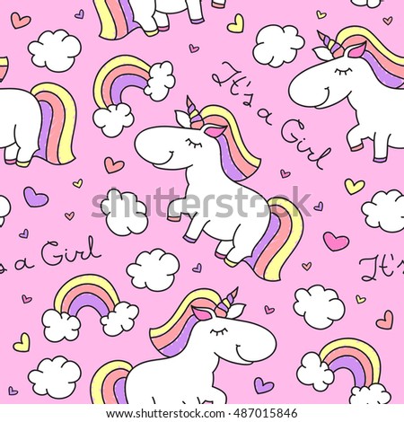 vector baby seamless pattern with unicorns, rainbows and clouds