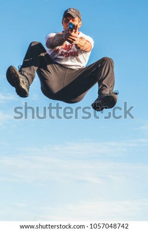 Aalst, Belgium - March 11, 2012: professional stuntman acting in a film