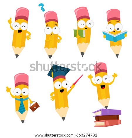 Cute Cartoon Pencil Character Set Stock Vector (Royalty Free) 663274732 ...