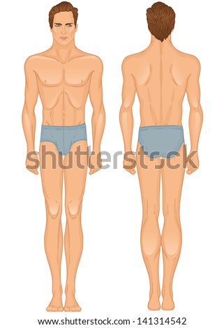 Young European standing man, full length portrait : front and back. Vector illustration from "Bodies Templates" set.