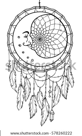 Hand Drawn Native American Indian Talisman Dreamcatcher With Feathers Moon Vector Hipster Illustration Isolated