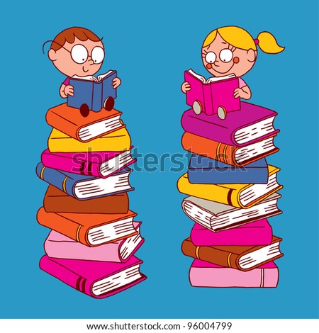 Kids Reading On Big Pile Books Stock Vector 96003017 - Shutterstock