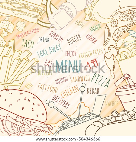 stock vector hand drawn background of doodle style fast food elements of burger french fries sandwich hotdog 504346366