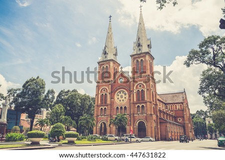 Outside Saigon Notre Dame Basilica,Vietname (Vintage filter effect used)