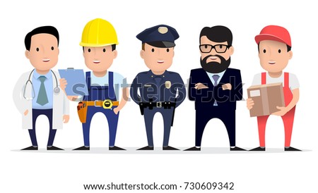 People are different professions. Labor Day. Doctor, builder, policeman, teacher, courier. Flat style. Vector illustration