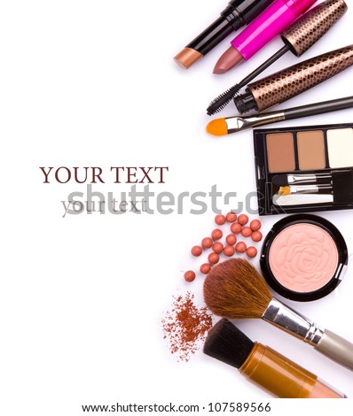 makeup brush and cosmetics, on a white background isolated, with clipping path