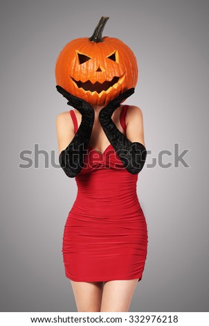 Sexy Lady In Red With Big Pumpkin On Head Sexy Lady In Red With Big Pumpkin On Head