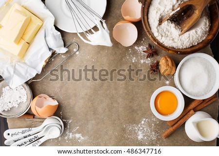 Baking Ingredients For Homemade Pastry On Dark Rustic Wooden Background Bake Sweet Cake Dessert Concept Baking Ingredients For Homemade Pastry On Dark Rustic Wooden Background Bake Sweet Cake Dessert Concept