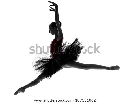 one caucasian young woman ballerina ballet dancer dancing with tutu in silhouette studio on white background