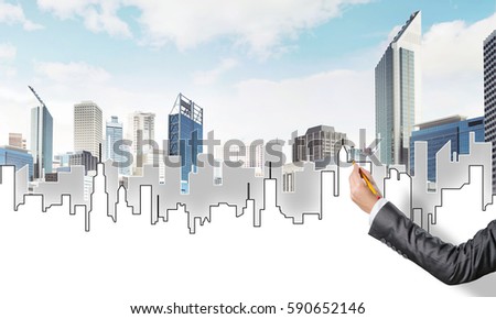 Hand of woman designer drawing with pencil construction project