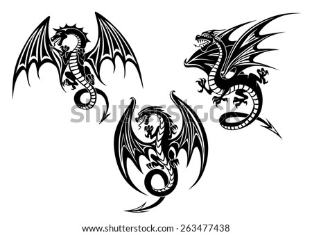 Silhouettes Black Dragon Outstretched Wings Curved Stock Vector ...