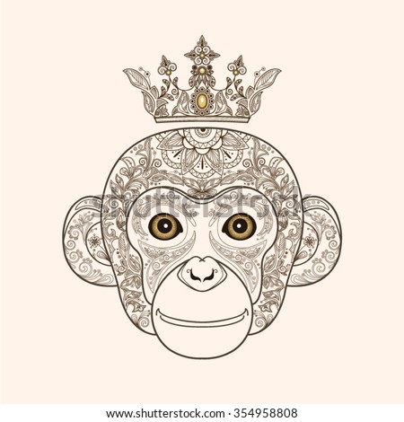 The Head Of A Beautiful Monkey With Floral Ornament And Crown On White Background
