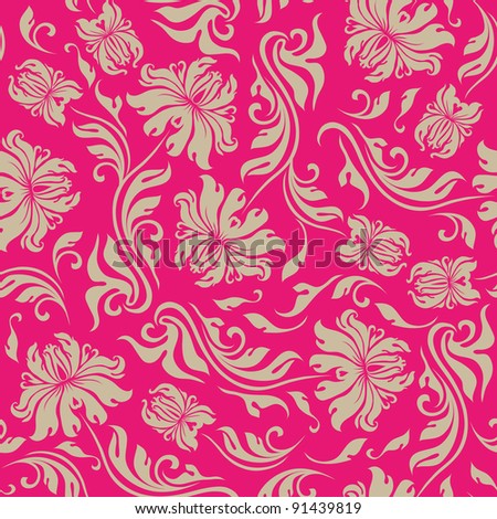 Seamless floral pattern. Beige flowers on a red background.