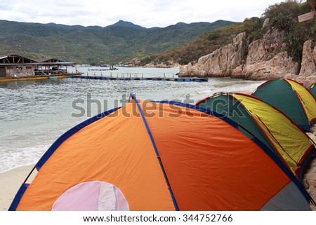 Tent, camping near the beach in the Vinh Hy Bay, belong to Ninh Thuan Province, Vietnam.