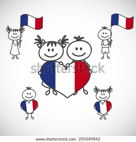 hand-drawn boy and girl holding flag on a white background, cartoon doodle. France