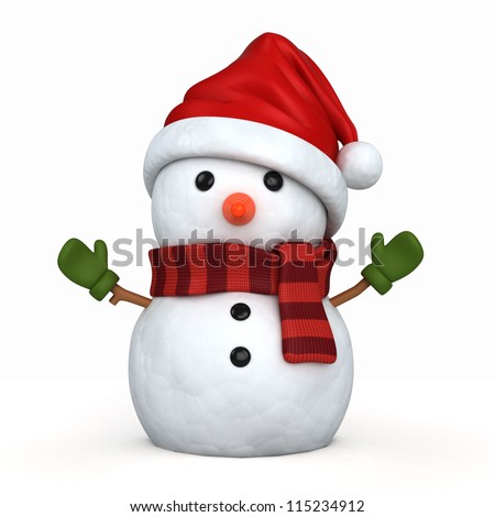3d render of a snowman wearing santa hat and gloves