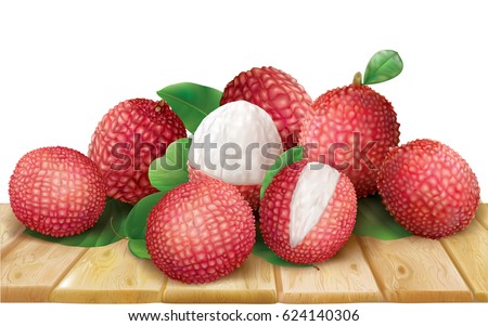 Lychee fruits and leaves on wooden surface. Vector illustration