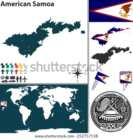 vector map of american samoa with coat of arms and location on world map