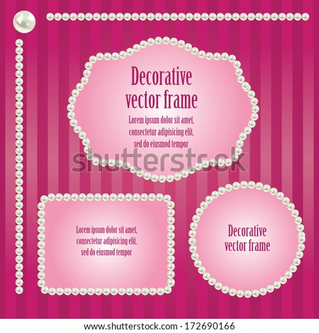 Pearl romantic luxury border set collections. Vector feminine frame pack. Decoration element patterns on purple pink stripped background. Vector illustrations.