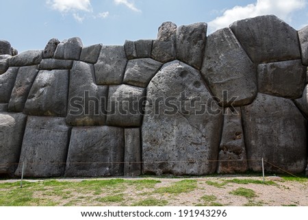 Ancient Inca fortress Saksaywaman near Cusco in Sacred Valley, Peru. (since 1983 was added as part of the city of Cusco to the UNESCO World Heritage List) - stock photo