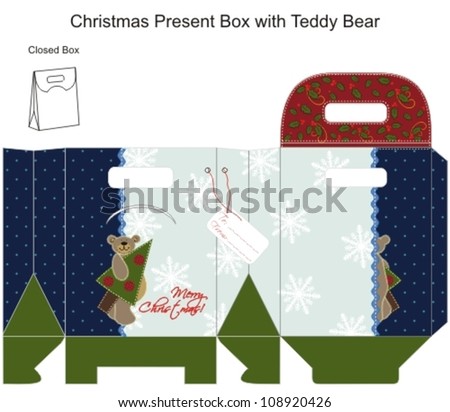 Template Christmas Gift Box withTeddy Bear. Patchwork style. Vector illustration.