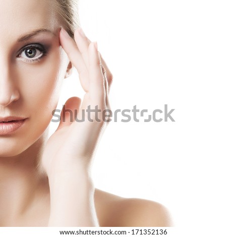 Close-up portrait of beautiful, fresh, healthy and sensual girl isolated on white
