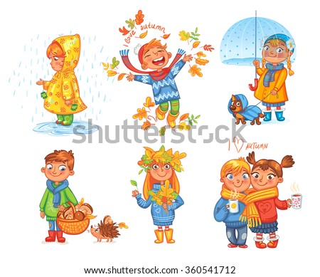 I love autumn. Boy throws up autumn leaves. Girl under umbrella. Boy gathers mushrooms in the forest. Girl collects leaves. Funny cartoon character. Vector illustration. Isolated on white background