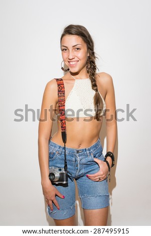 Beautiful Modern Young Photographer Woman In Summer Outfit Fit Trendy Teenage Girl With Retro Analog Beautiful Modern Young Photographer Woman In Summer Outfit Fit Trendy Teenage Girl With Retro Analog