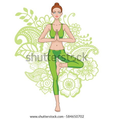 Women Silhouette On Paisley Mehndi Ormanent Background Yoga Tree Pose Vector Illustration Women Silhouette On Paisley Mehndi Ormanent Background Yoga Tree Pose Vector Illustration