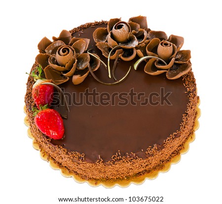 Chocolate cake with strawberries isolated - stock photo