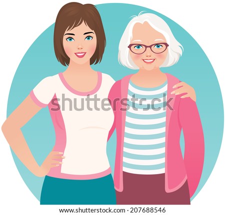 Adult daughter and elderly mother are embracing/Adult daughter and elderly mother/Two generations of women adult daughter and her elderly mother
