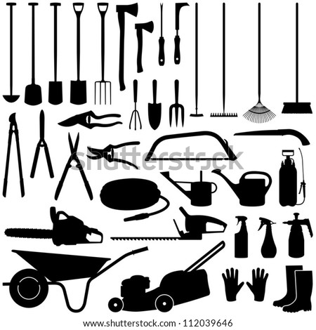 Gardening tools collection - vector silhouette - stock vector