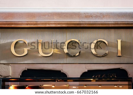 Rome, Italy - October 14, 2016: Gucci Sign on street shop window, Rome, Italy.