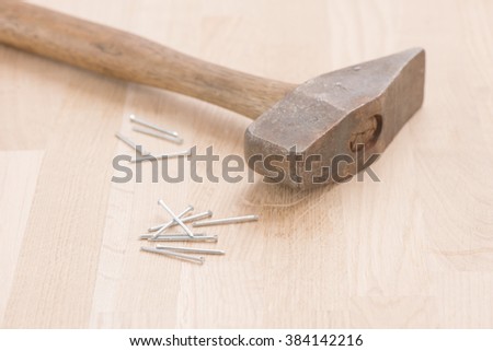 Vintage Hammer Nails Lying On Wooden Stock Photo 348698630 ...