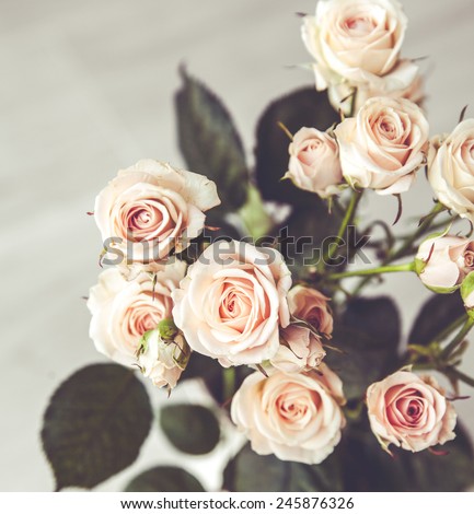 Beautiful bouquet of peach roses in vintage vase on a black background