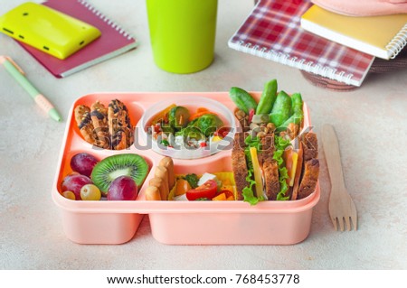 Healthy Food Concept Open Lunch Box With Sandwiches Vegetable Salad Healthy Food Concept Open Lunch Box With Sandwiches Vegetable Salad