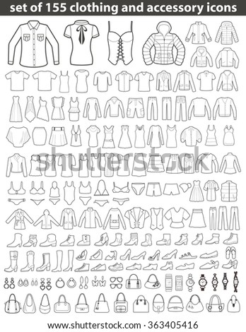 Set of 155 Line Icons: Clothing, Shoes and Accessories. Women's and Men's Fashion.