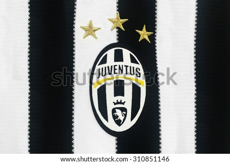 BANGKOK, THAILAND -AUGUST 28, 2015: the logo of Juventus football club on an official jersey on August 28, 2015 in Bangkok