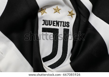 BANGKOK, THAILAND -JUNE 26: The New Logo of Juventus football club on an official jersey on June 26,2017.