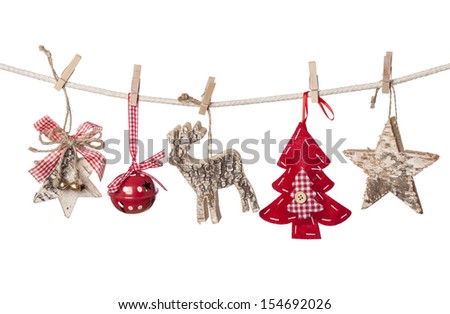 Christmas decorations hanging isolated on white background