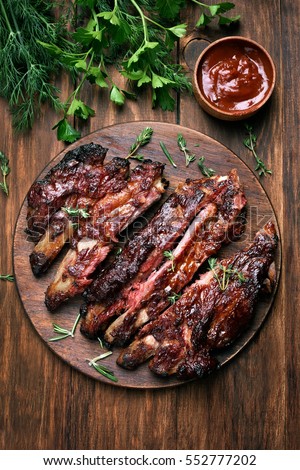 Grilled sliced barbecue pork ribs, top view