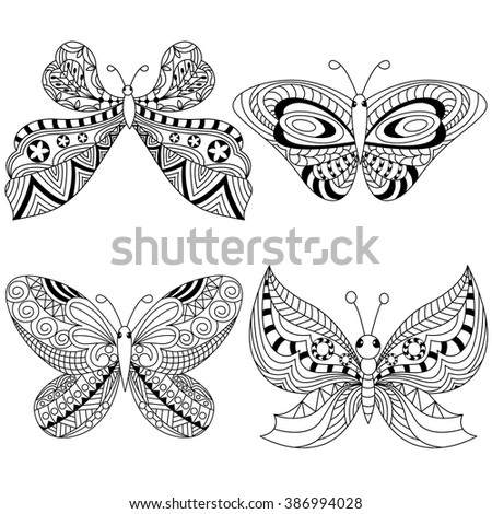 Zen Tangle Stylized Black Butterfly Coloring Stock Vector 386994028