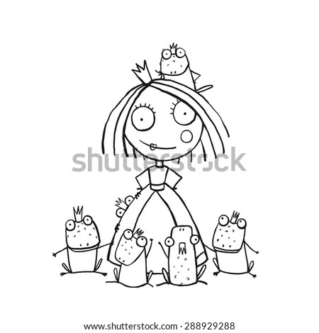 Princess And Many Prince Frogs Portrait Coloring PageFun Childish Hand Drawn Outline Illustration For