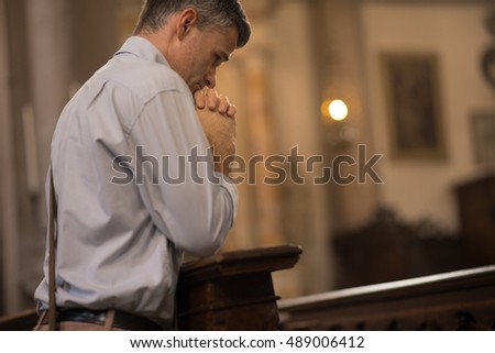 Religious Man Kneeling Pew Church Praying Stock Photo 479029696 ...