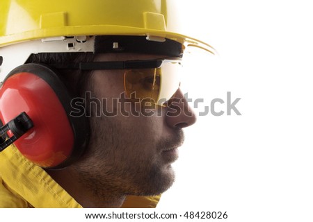 worker with yellow helmet over white