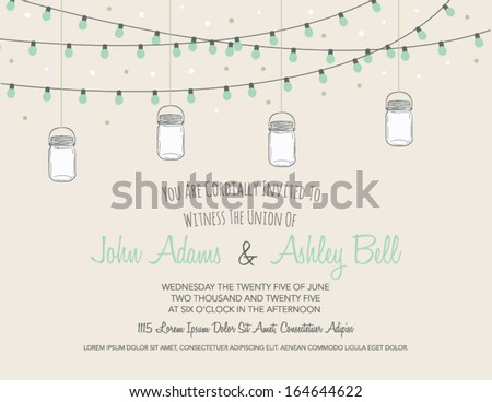 Wedding Card Invitation with Mason Jars Hanging in Vector